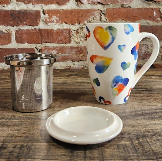 Hearts ceramic tea mug with infuser